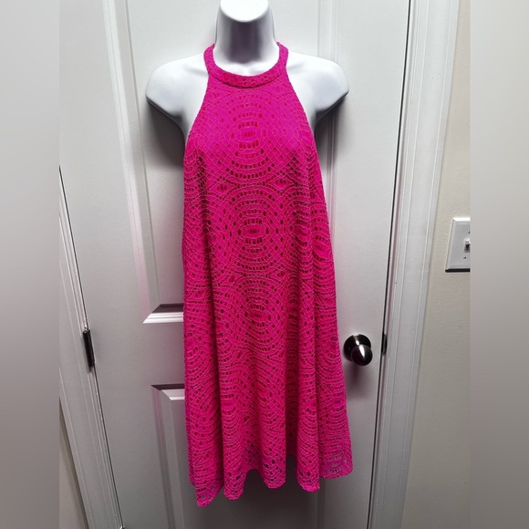 Lilly Pulitzer Dresses & Skirts - Lilly Pulitzer Quinn Halter Swing Dress Knotty Lace Neon Pink Lined Size M